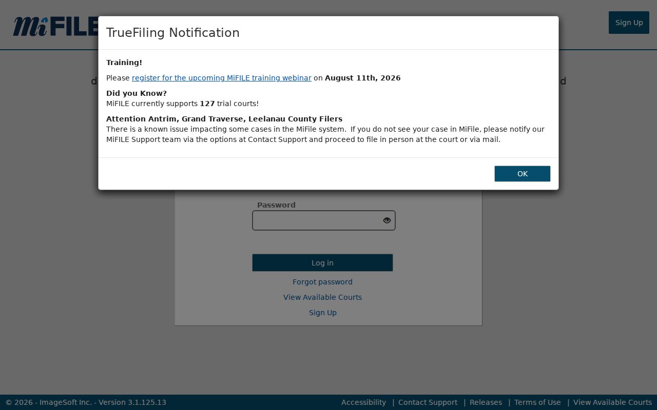 Michigan TrueFiling notice for Leelanau County criminal court filings