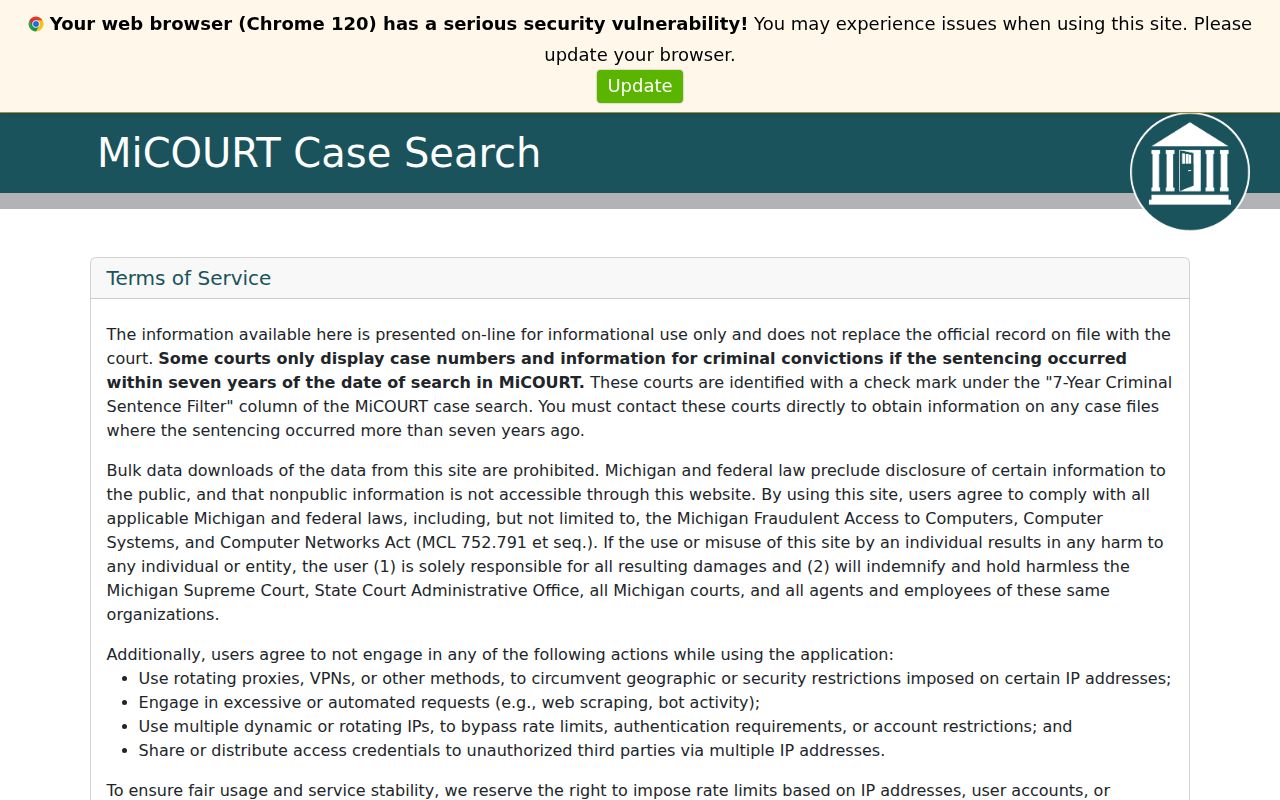 MiCOURT search interface for Leelanau County court case lookup