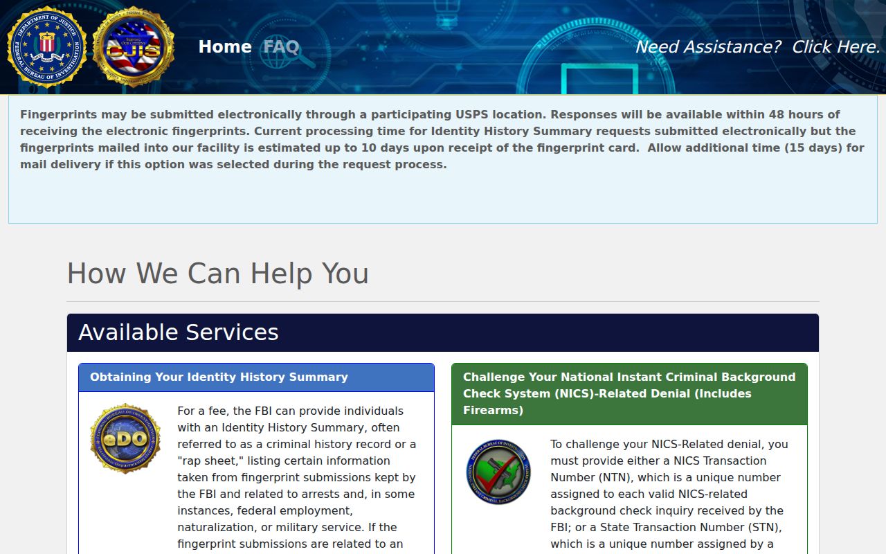 FBI identity history request for Empire criminal record review