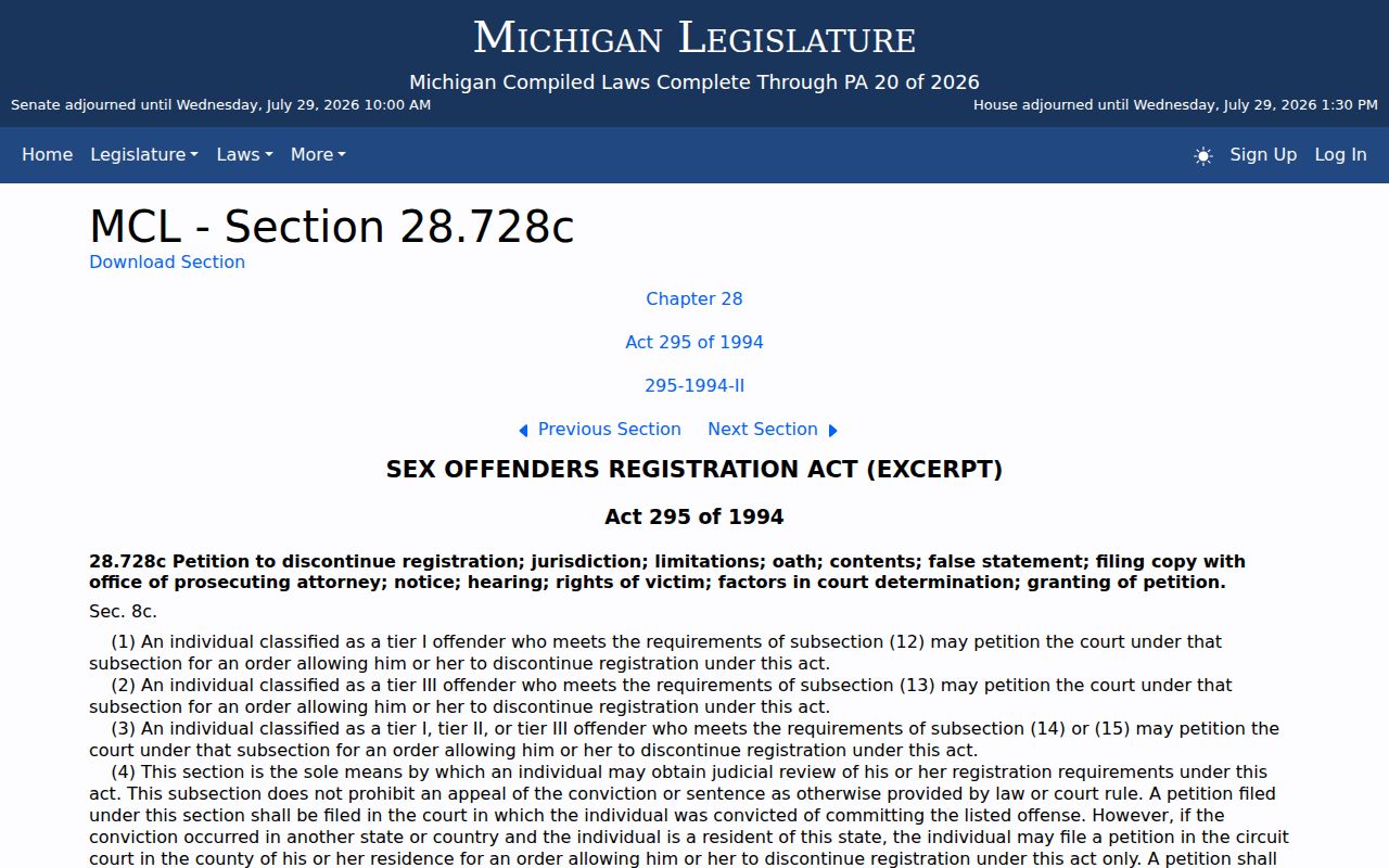 Michigan public registry law for Leelanau County offender records