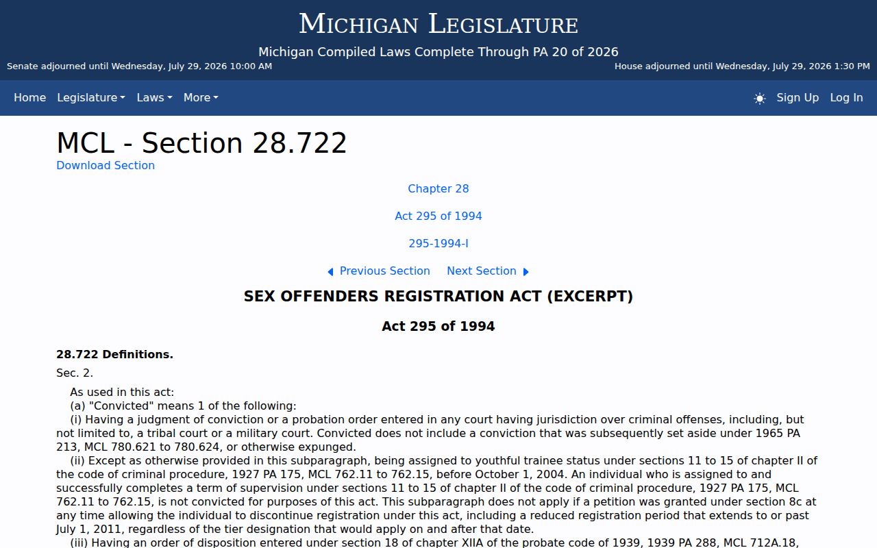Michigan registry definitions for Leelanau County sex offender profiles