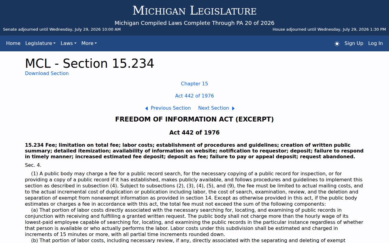 Michigan FOIA fee rules for Suttons Bay criminal records
