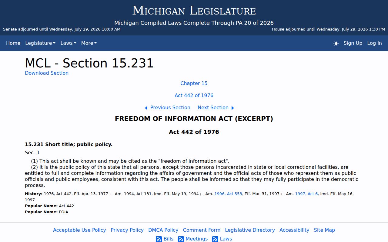 Michigan FOIA public policy for Suttons Bay criminal records