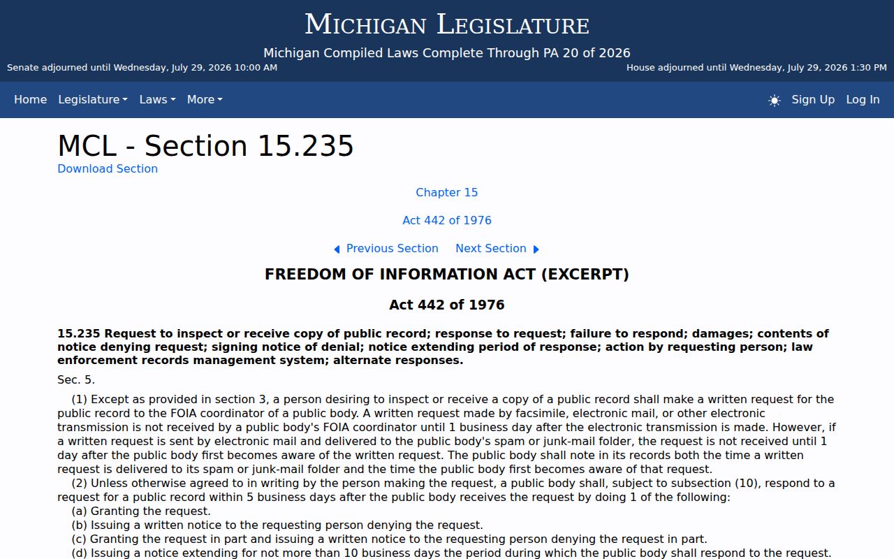 Michigan FOIA response time for Suttons Bay criminal record requests
