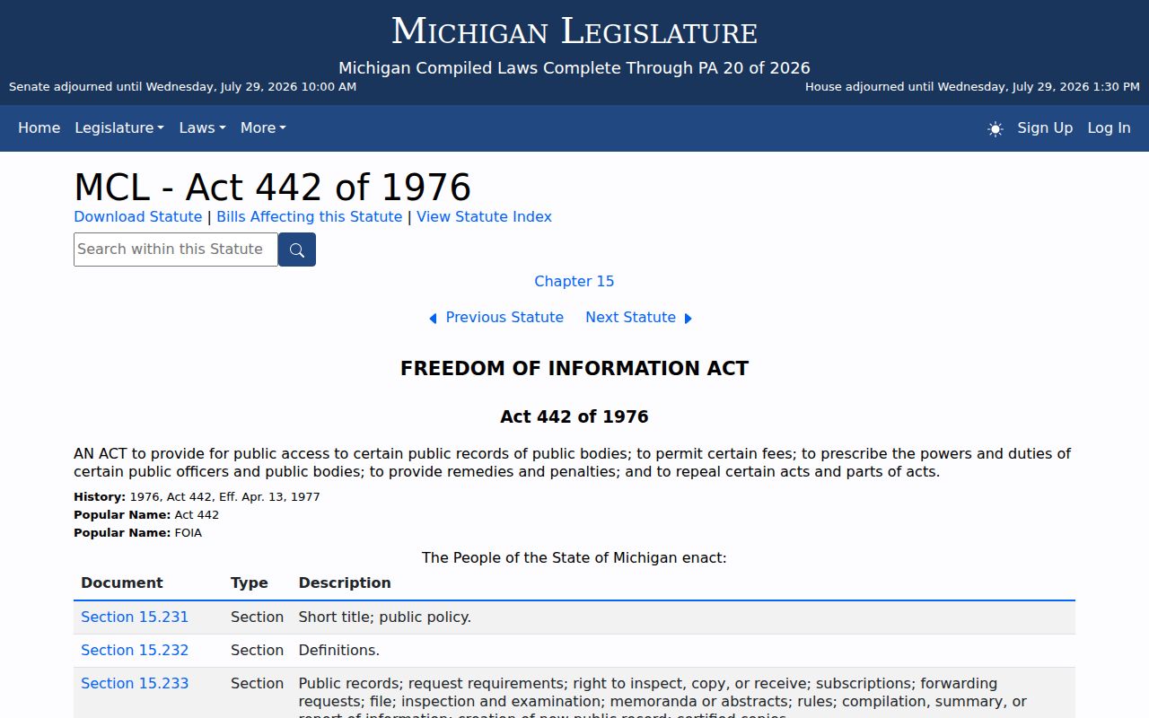 Michigan FOIA law for Suttons Bay criminal history access